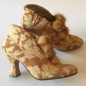 Stunning Baci Daisy Tantap Shoe- Tapestry Brocade Gold Bootie with Mink PomPoms